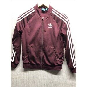 Adidas Women’s Jacket Size Small Burgundy White 3 Stripe Zip Pockets Athletic